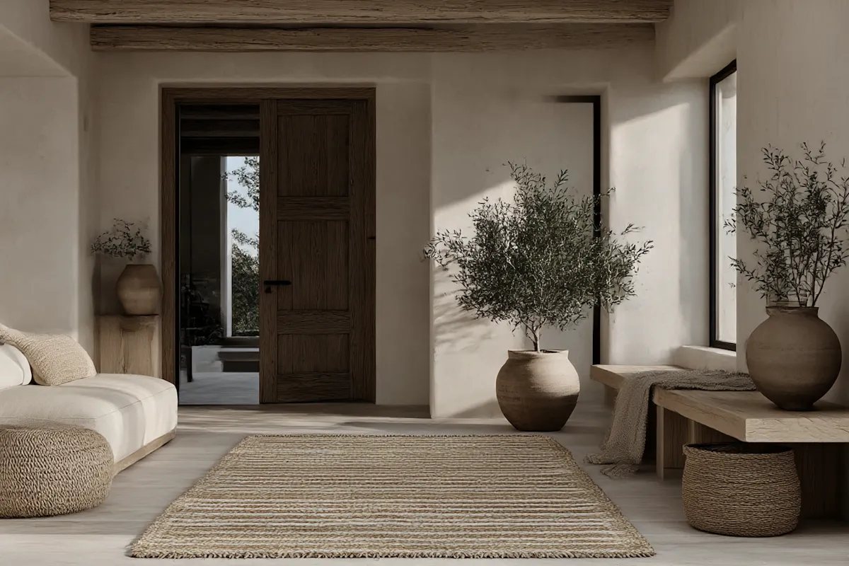 Minimalist living room with beige sofa, textured rug, wooden bench, and large potted plants by windows.