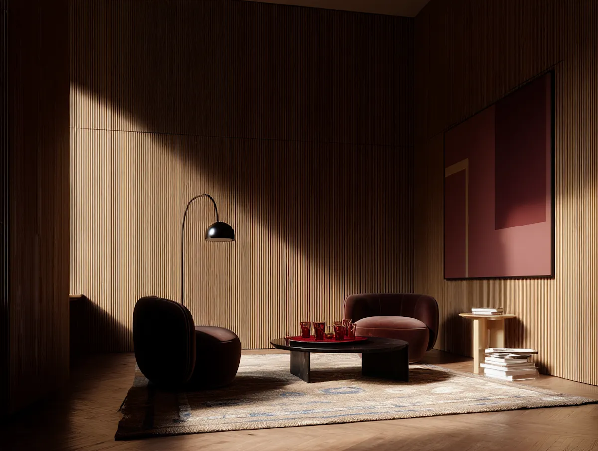 Minimalist living room with two dark chairs, black floor lamp, round coffee table, and wall art.