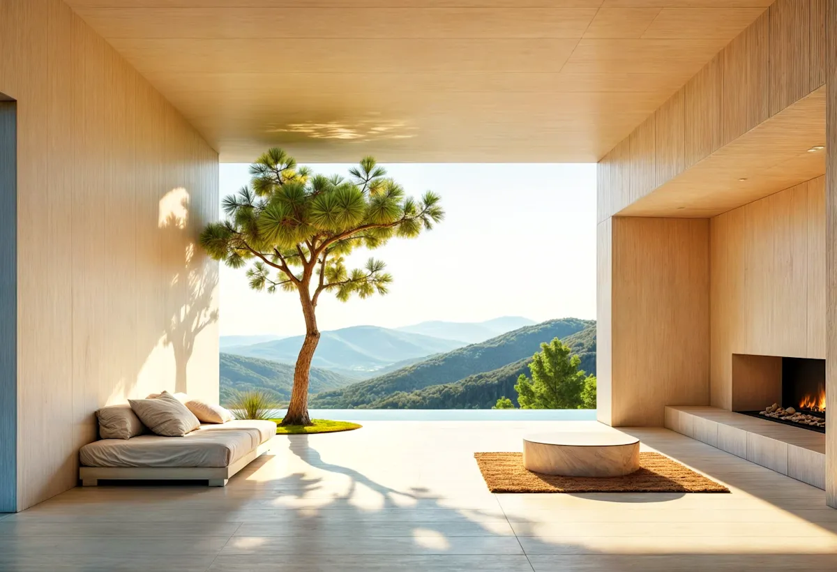 Minimalist wooden room with couch, coffee table, fireplace, and a tree opening to a mountain view.
