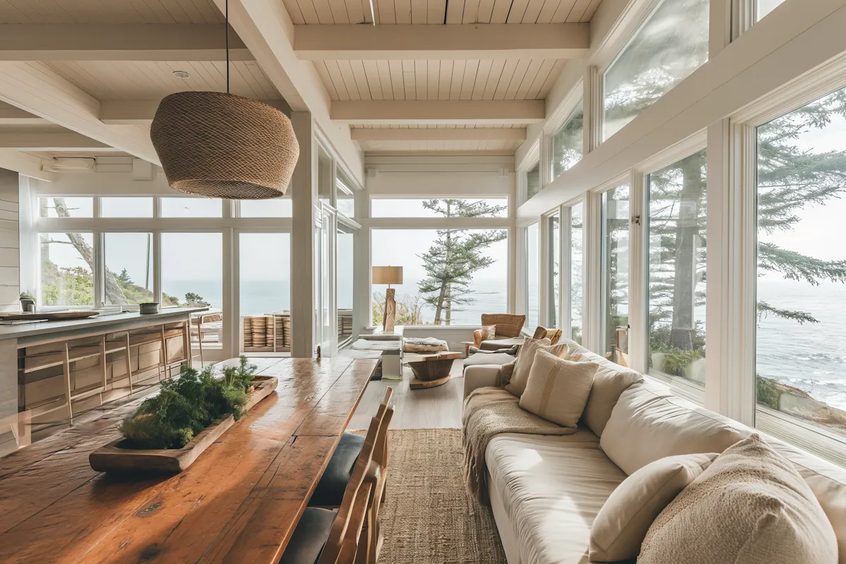 Coastal dining and living room with large wooden table, white sofa, and ocean views through tall windows.