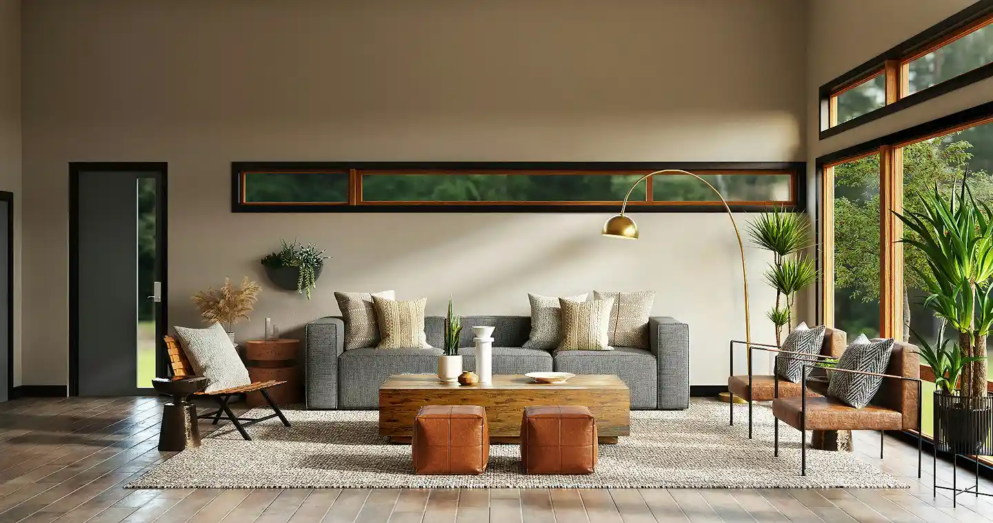 Modern living room with gray sofa, wooden coffee table, leather chairs, and large windows with plants.