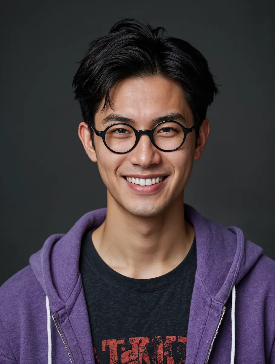 Smiling young man with black hair, round black glasses, purple hoodie, and black shirt on dark background.