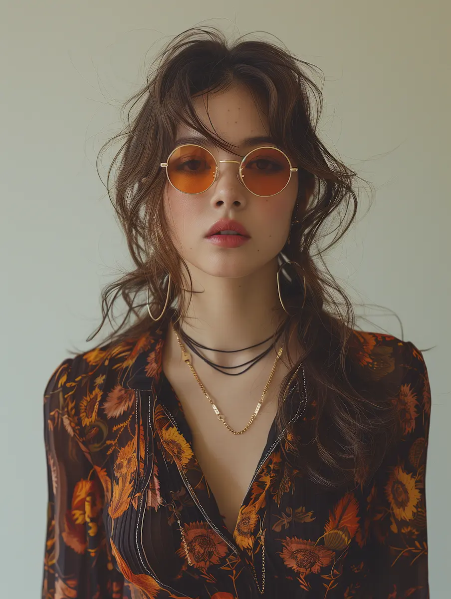 Young woman with wavy hair wearing round orange sunglasses and floral printed blouse.