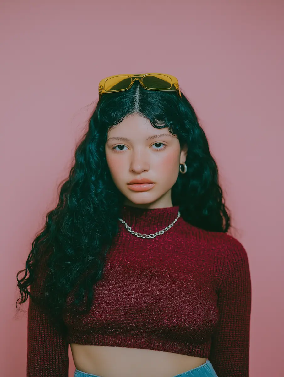 Young woman with long curly dark hair, yellow sunglasses on her head, maroon crop top, and silver chain necklace.