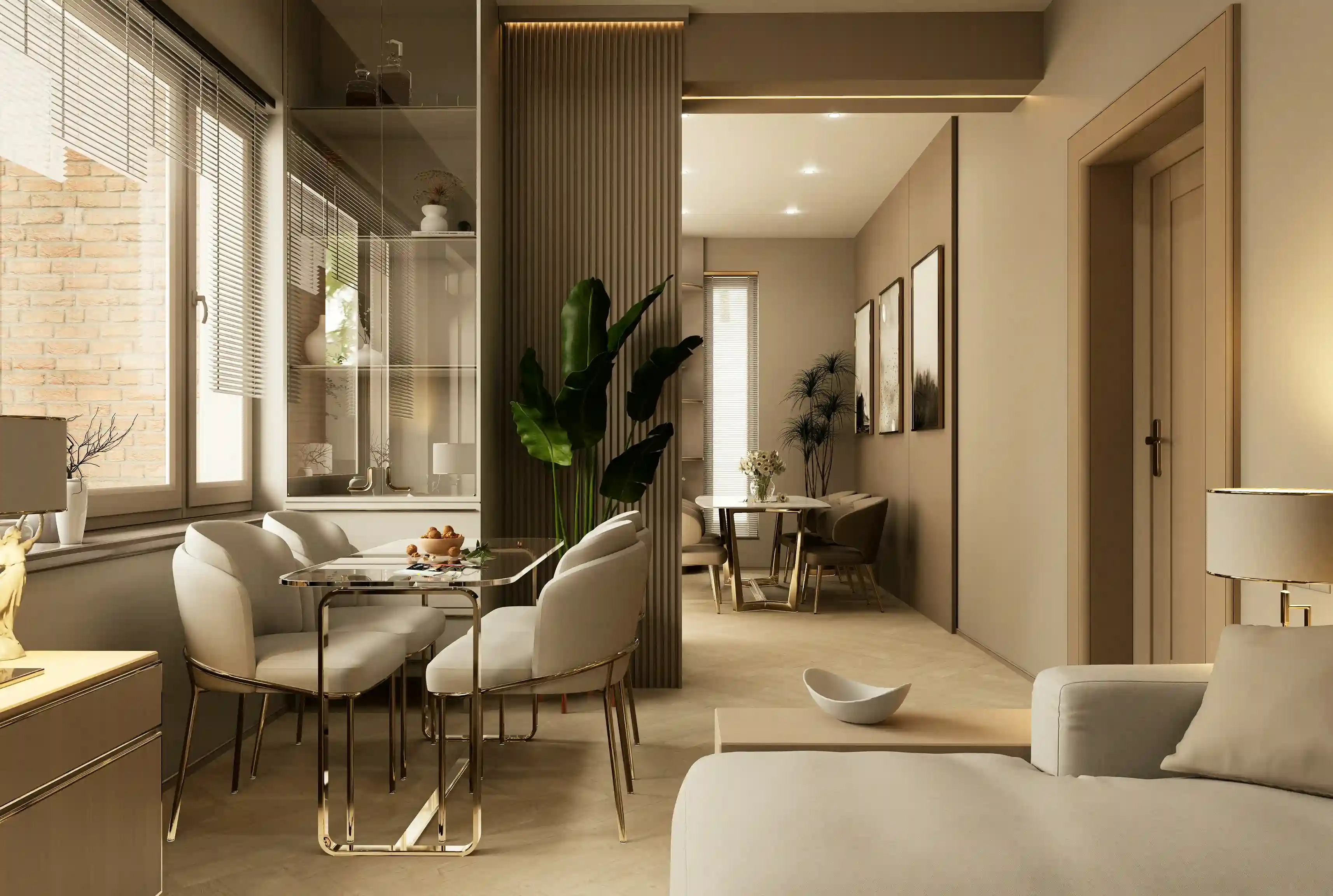 Modern dining area with two tables, six beige chairs, plants, and neutral-toned decor in a cozy room.