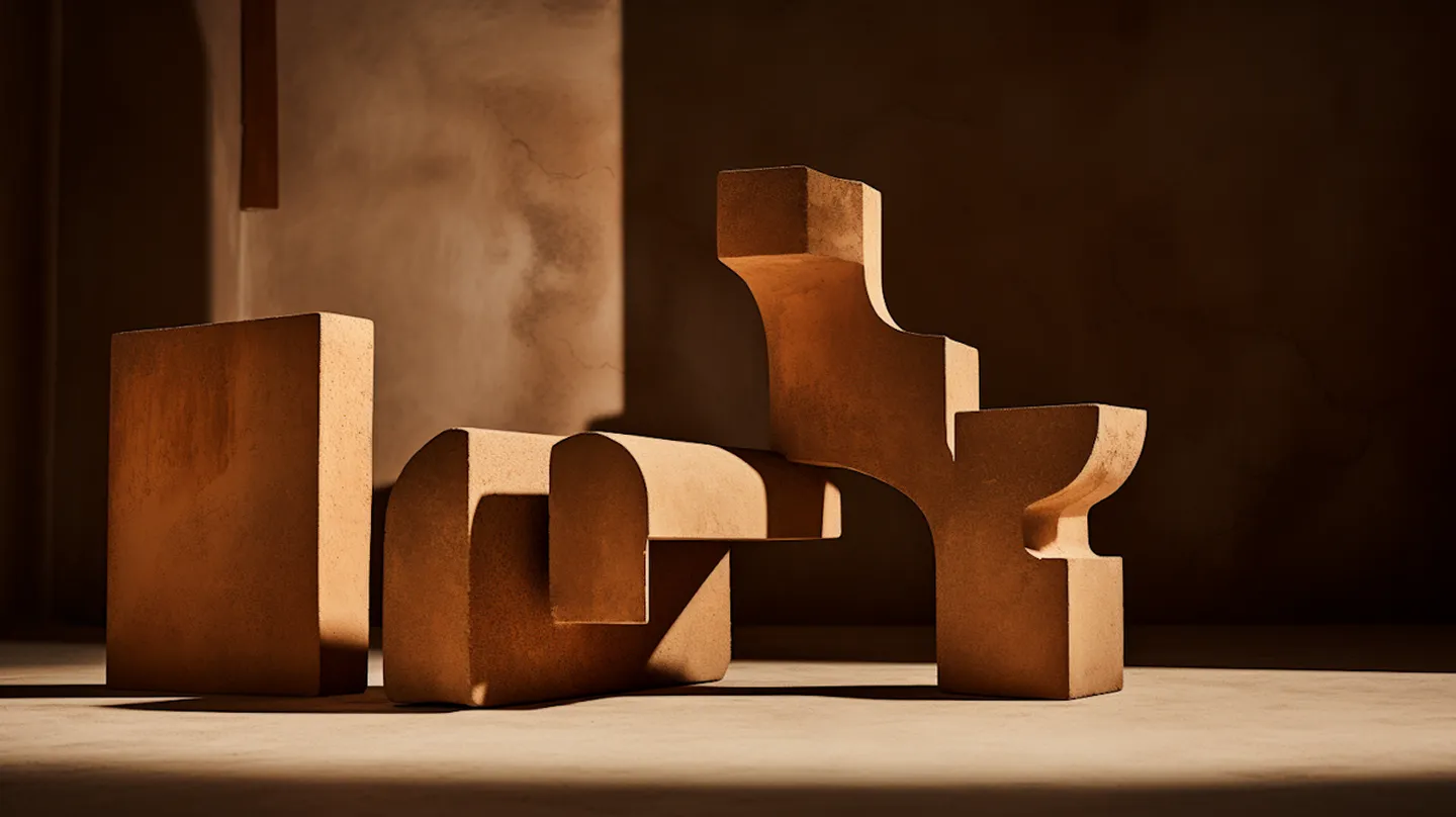 Abstract terracotta-colored sculpture with geometric shapes casting shadows on a smooth surface.