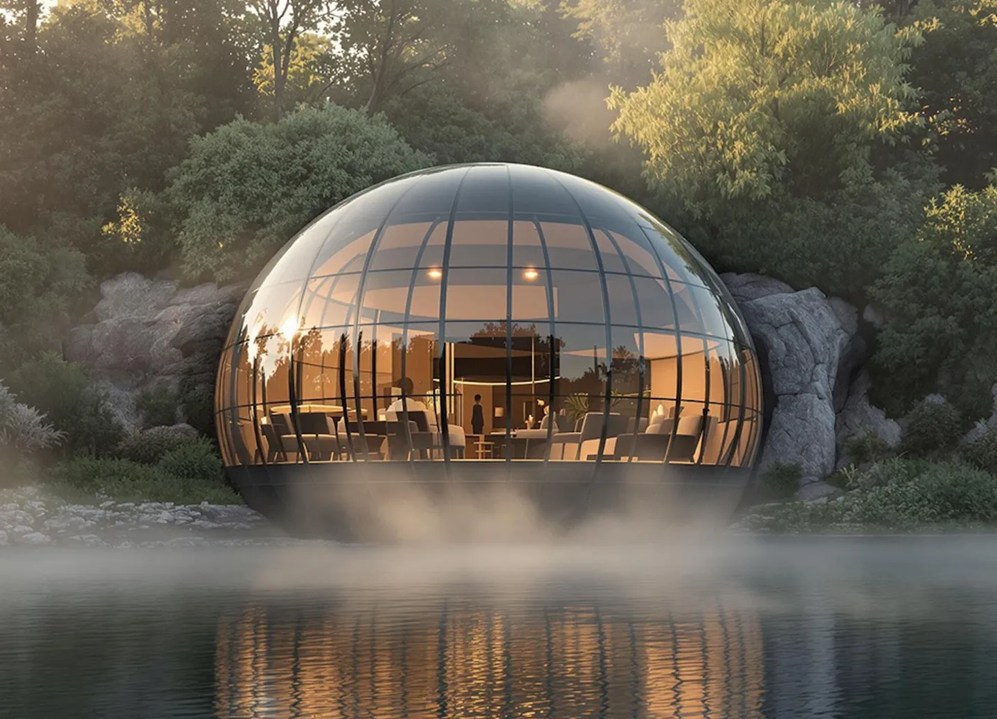 Spherical glass house by misty water surrounded by dense green trees and rocks at sunset.