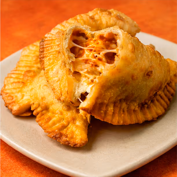 A white plate holding two golden-brown empanadas, showcasing their flaky crust and savory filling.