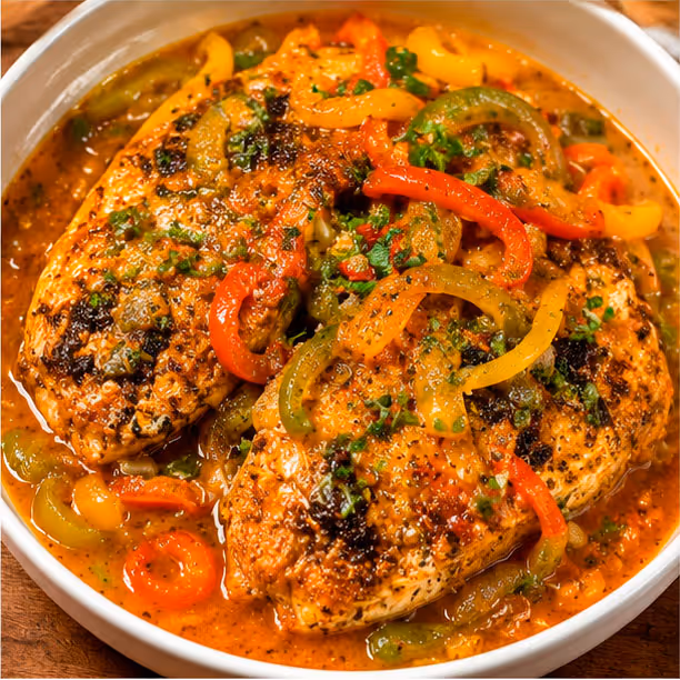 A bowl of pescado en salsa pieces and colorful bell peppers, all coated in a savory sauce.