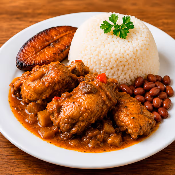A bowl of pollo guisado served with rice and beans, garnished with fresh herbs.
