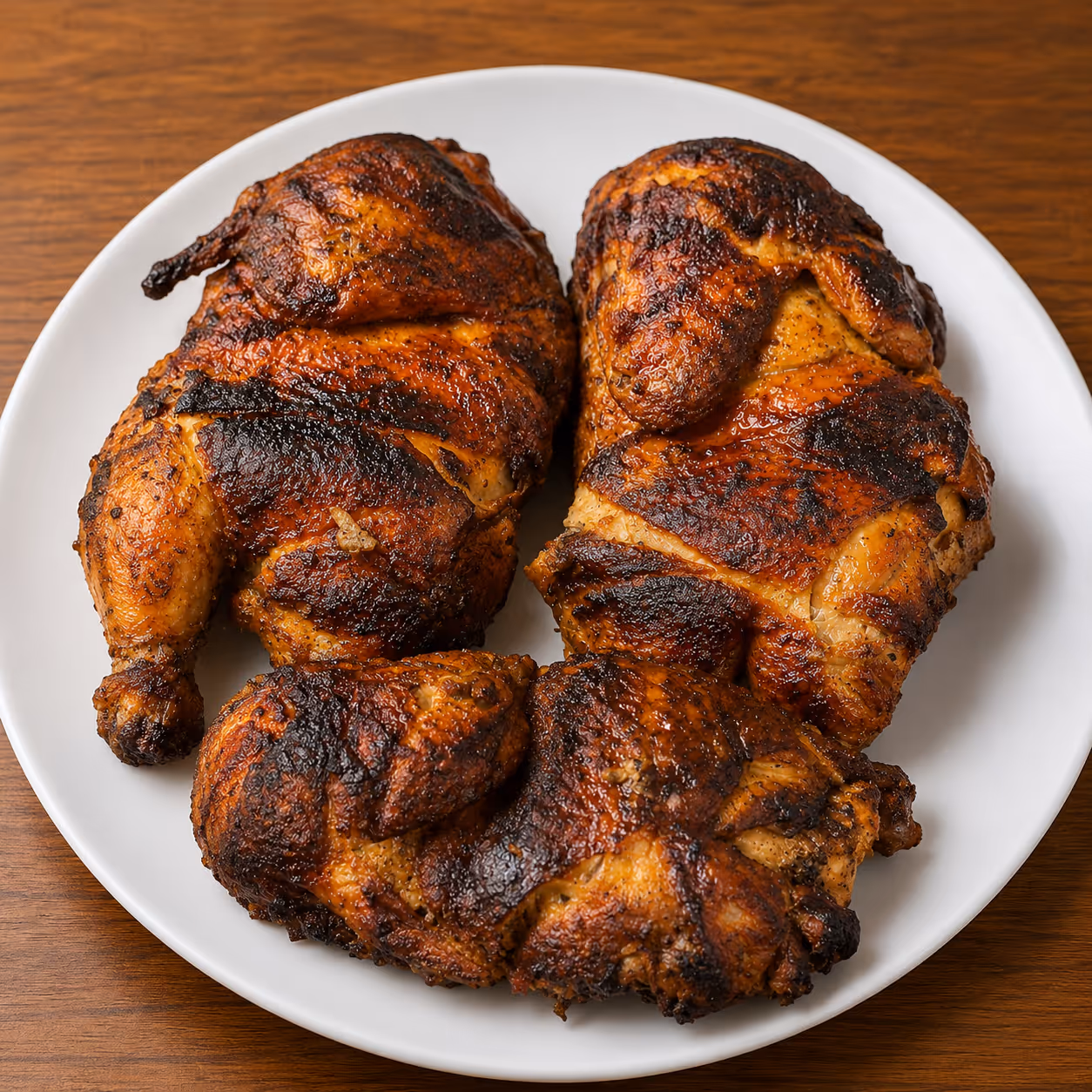 A dish of roasted chicken pieces on a table, surrounded by a simple dining setting.
