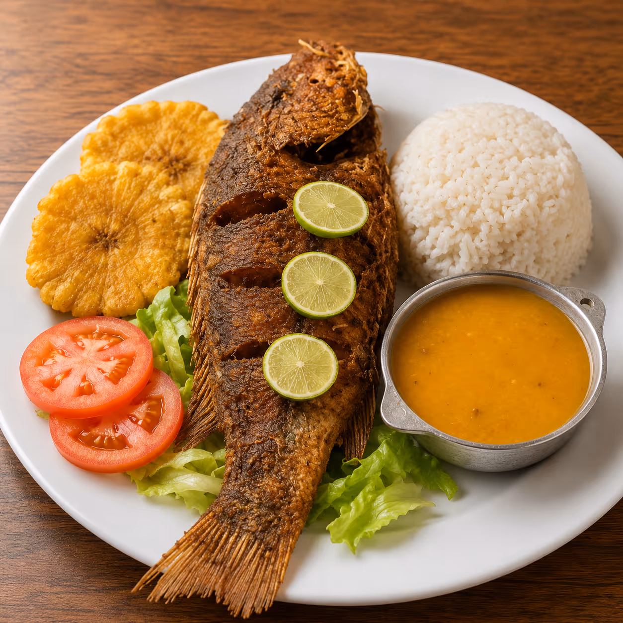 A plate featuring a cooked fish fillet served with rice and topped with a rich tomato sauce.