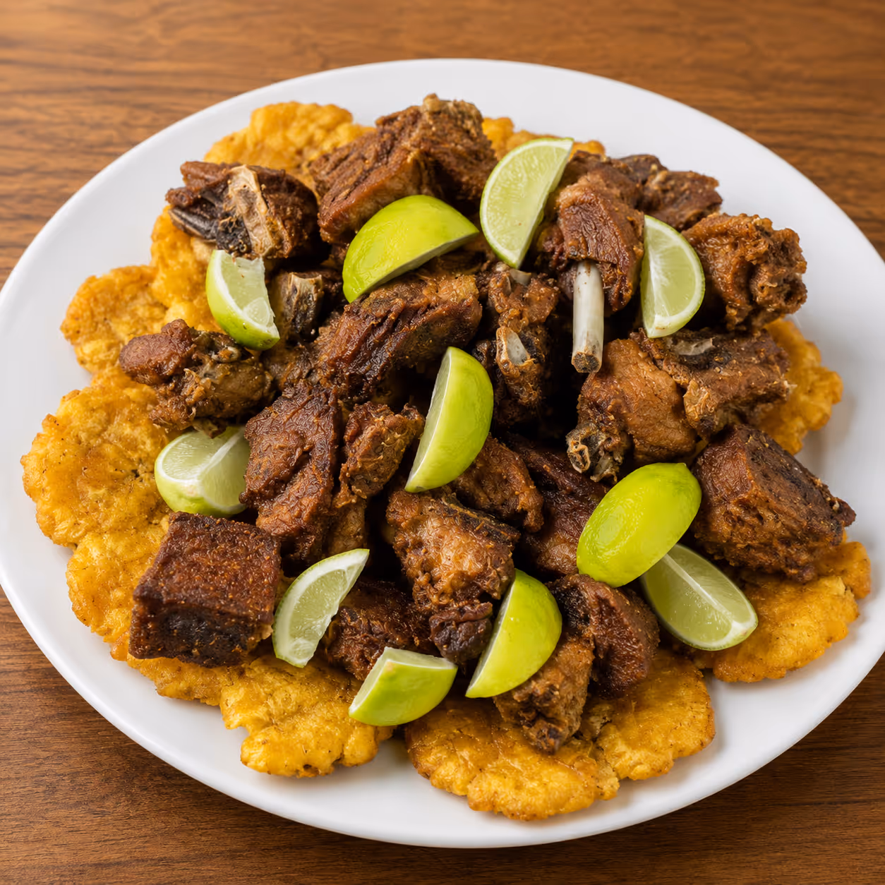 A plate featuring a serving of meat and potatoes, garnished with fresh lime slices for added flavor.