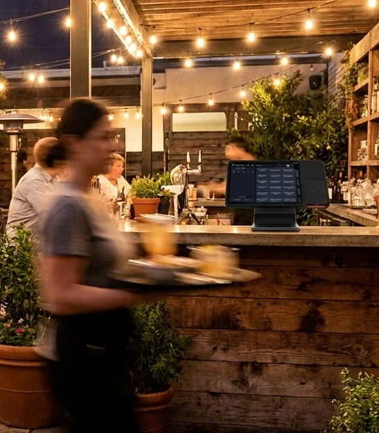 Evening service on a restaurant patio, with an Upserve POS terminal on the bar