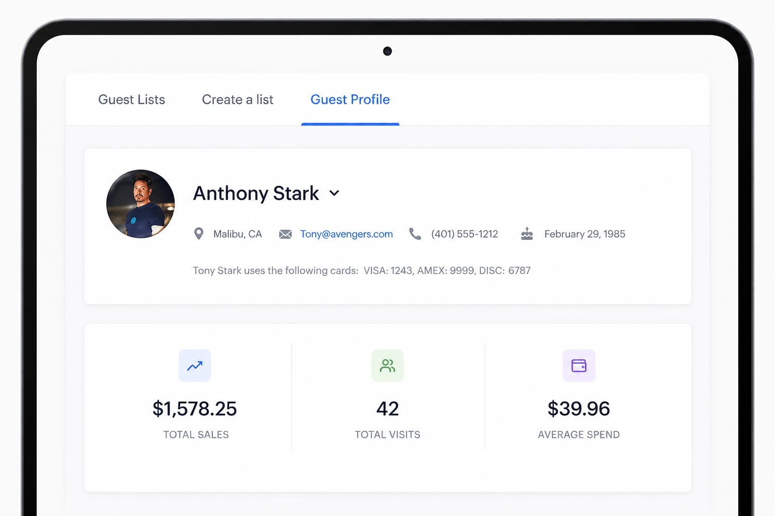 Upserve Guest Book interface with an illustrative guest profile