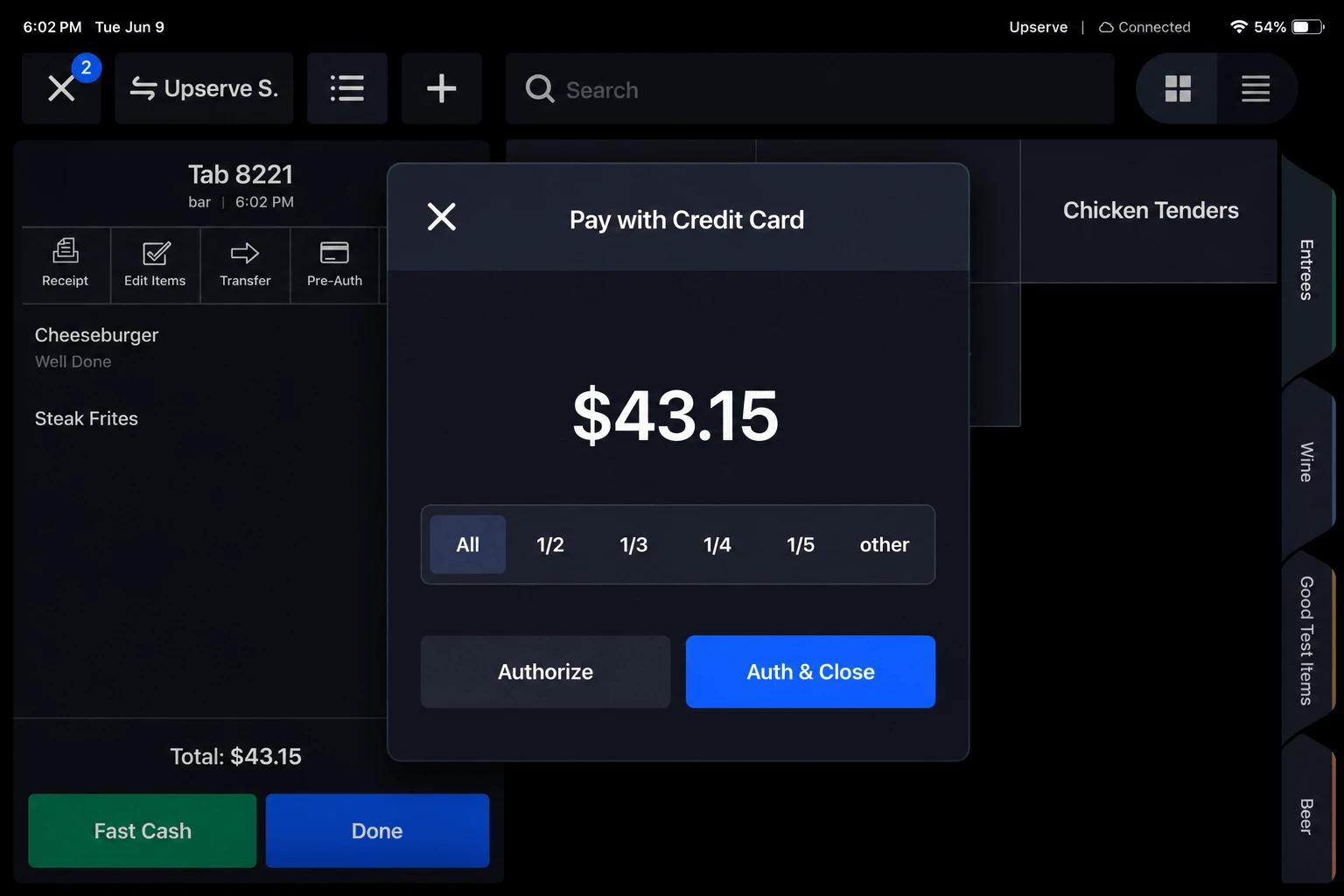 Upserve payment screen with check and payment controls
