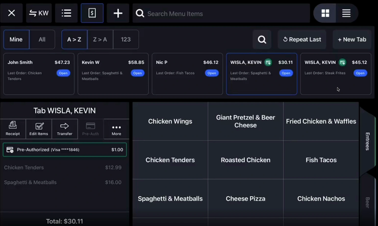 Upserve demo showing open tabs, balances, recent orders and a selected check