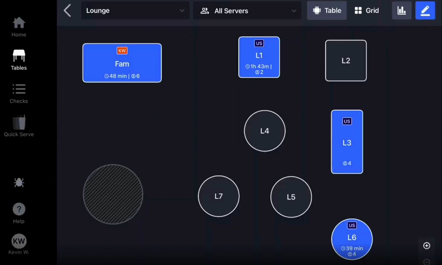 Upserve demo floor plan showing occupied tables, server tags, elapsed time and guest counts