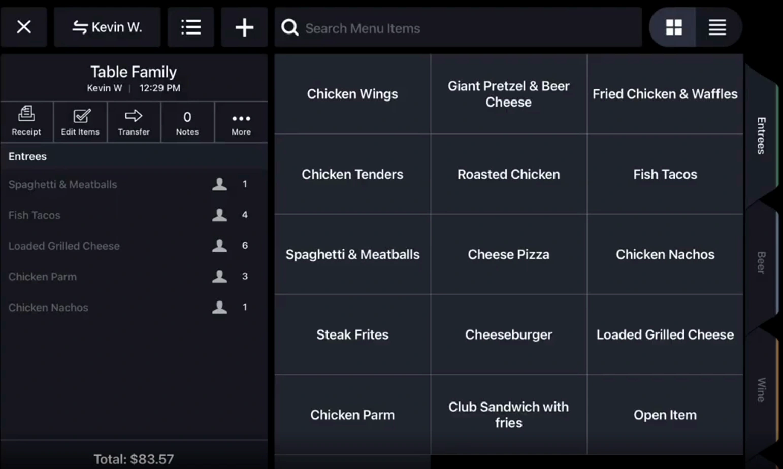 Upserve demo order screen with menu items assigned to individual seat numbers