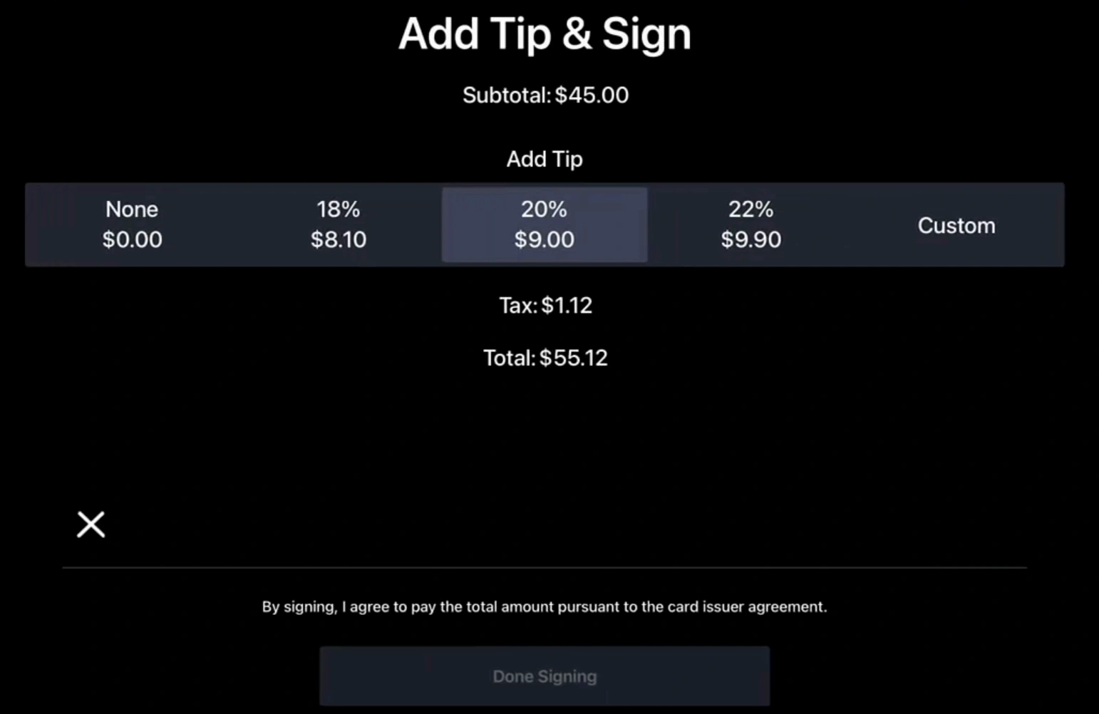 Upserve demo payment screen with tip choices and an on-screen signature area