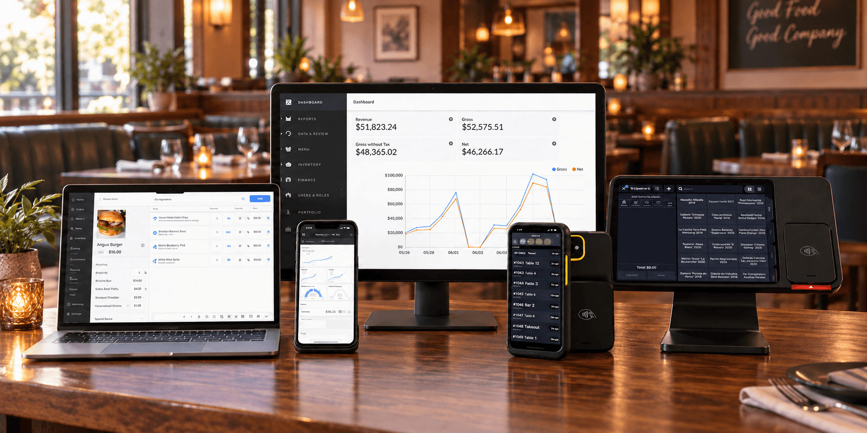 Upserve POS terminal on a restaurant bar