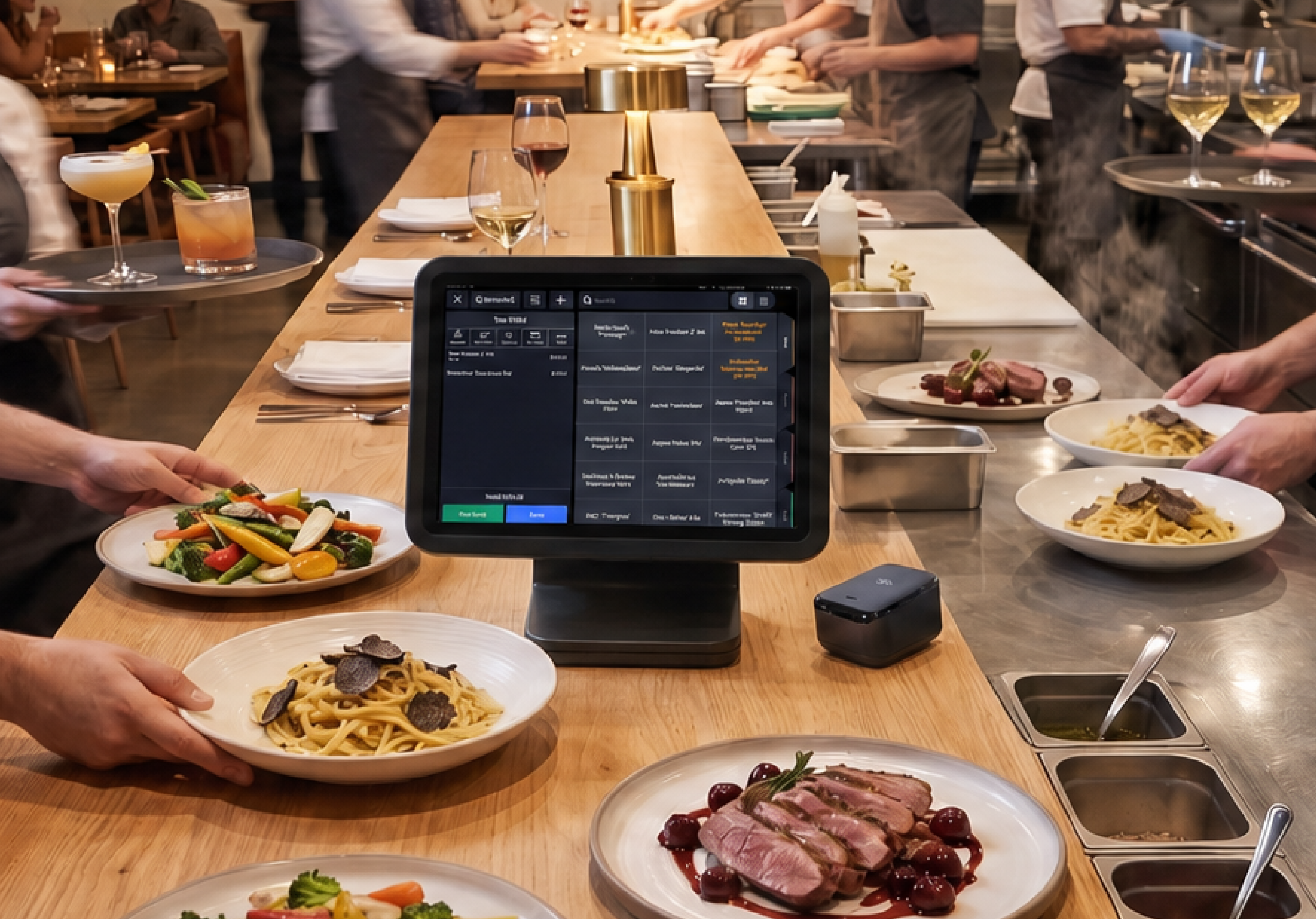 Upserve POS terminal and Mobile Tap reader on a restaurant expo line
