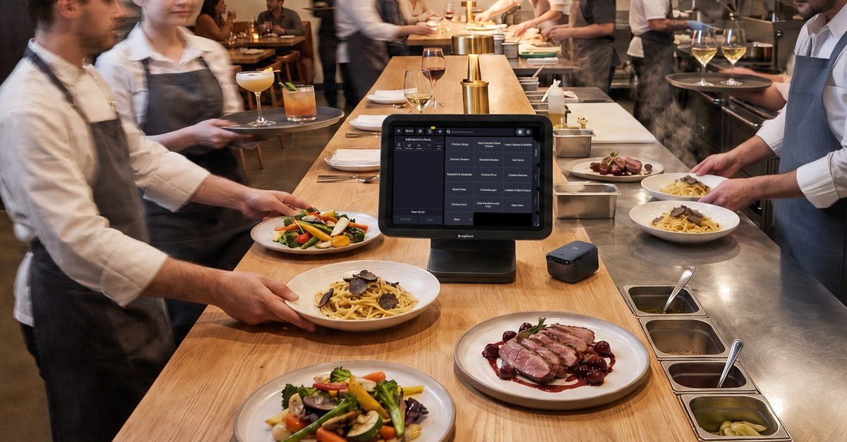Upserve POS on a service pass with plated dishes going out