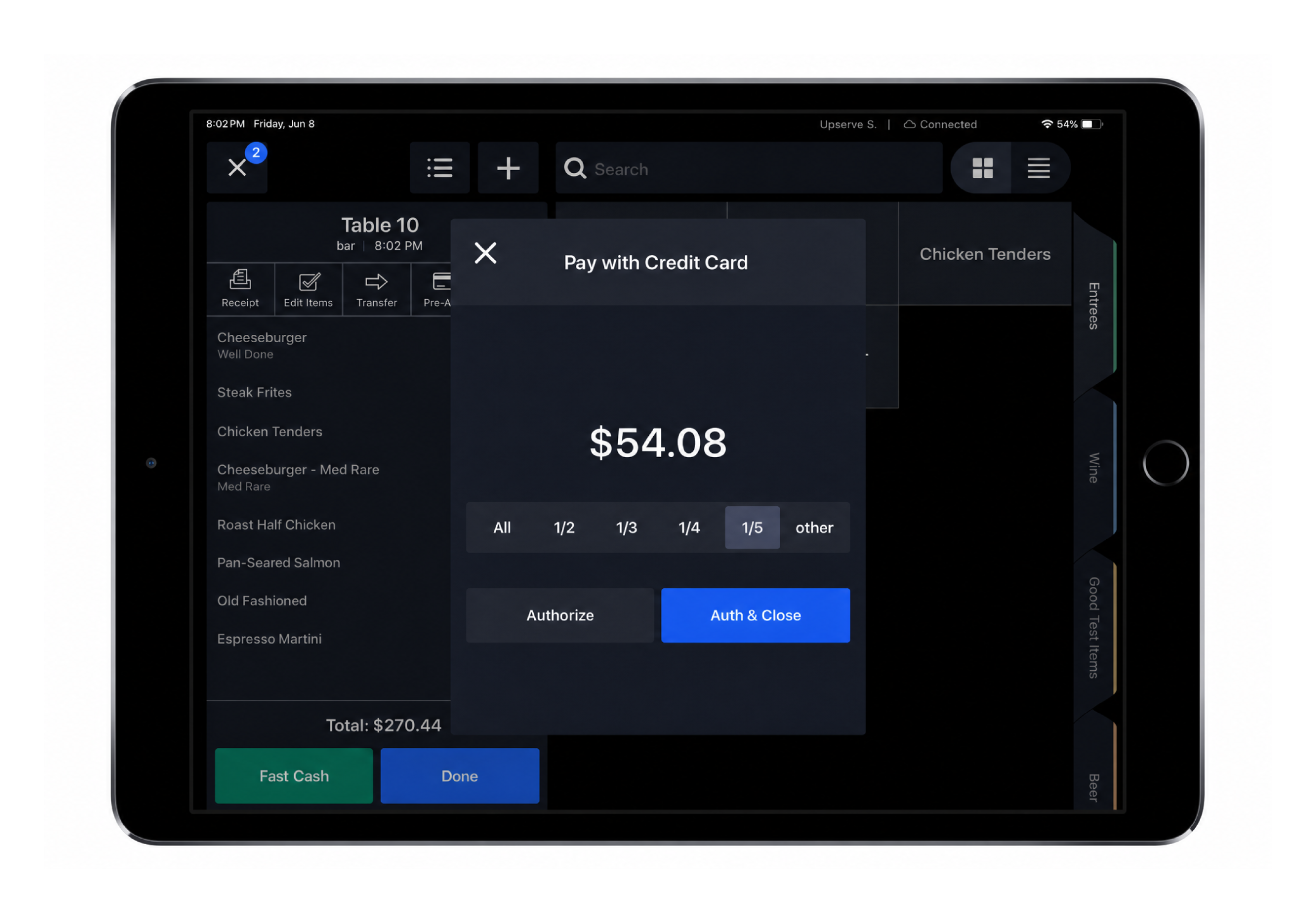 Splitting a check on Upserve POS on an iPad