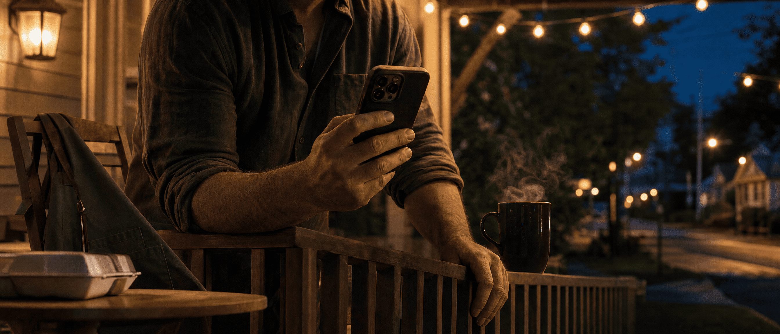 A restaurant owner checking Upserve Live on their phone from a porch in the evening
