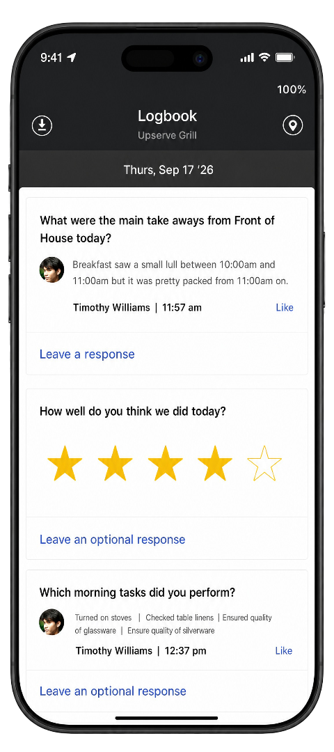The Upserve Live app showing the shift logbook with manager notes