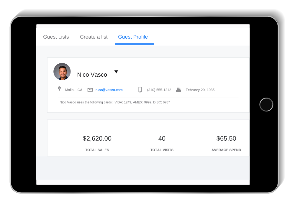A Guest Book profile on iPad showing a guest's total sales, visits, and average spend