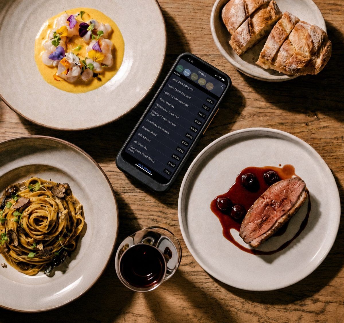 Dishes and an Upserve handheld on a restaurant table