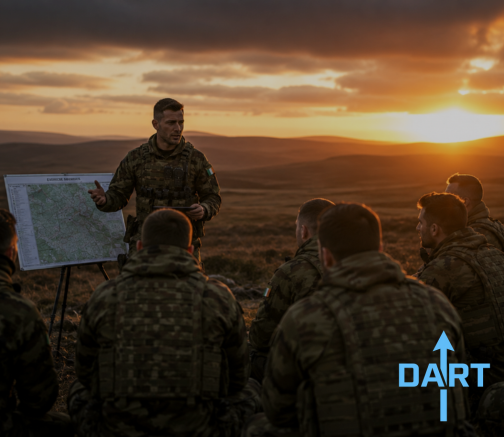Instructor briefing a team in the field, DART leadership training Ireland