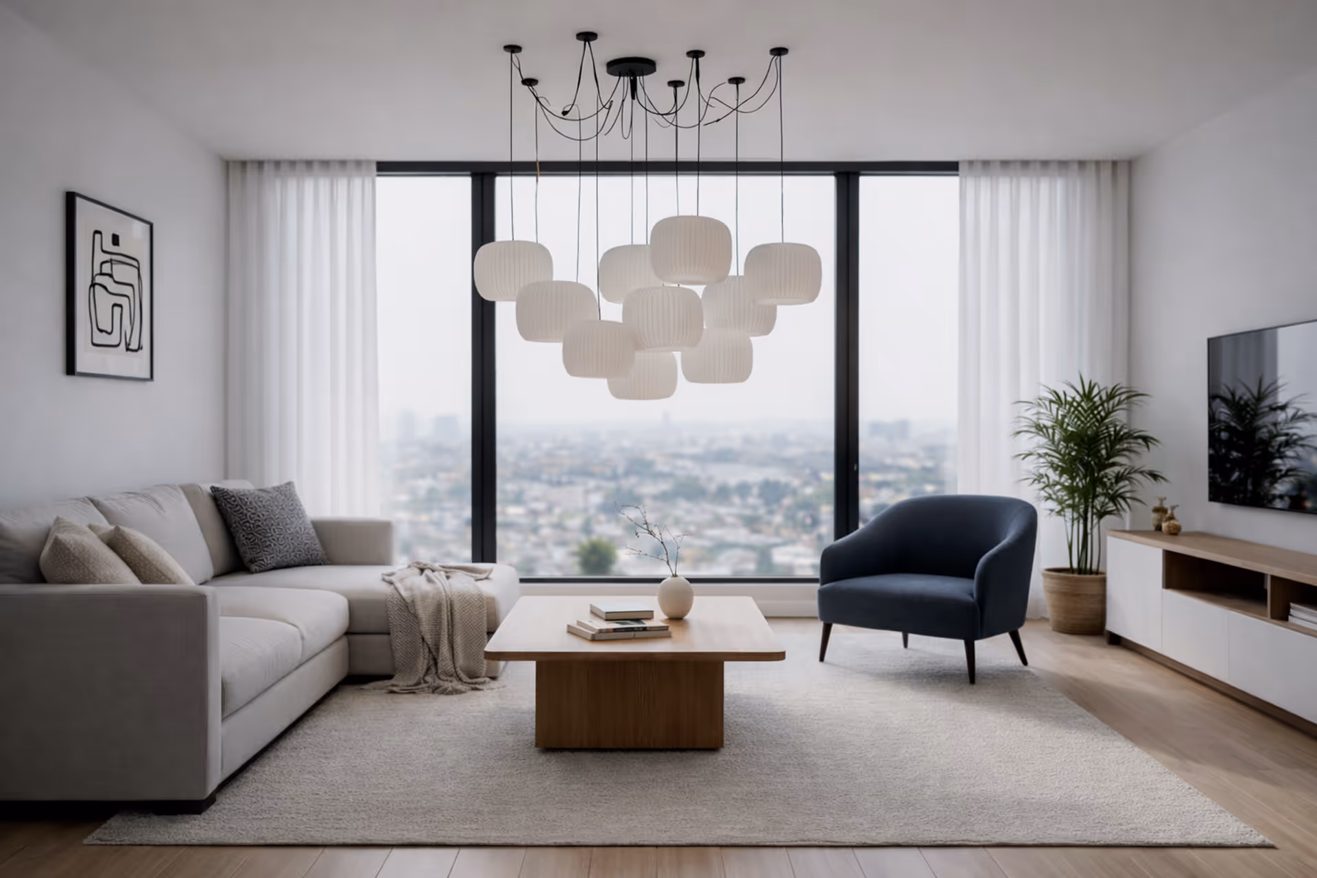 Modern living room with a gray sectional sofa, blue armchair, wooden coffee table, hanging pendant lights, and a large window showing a city view.