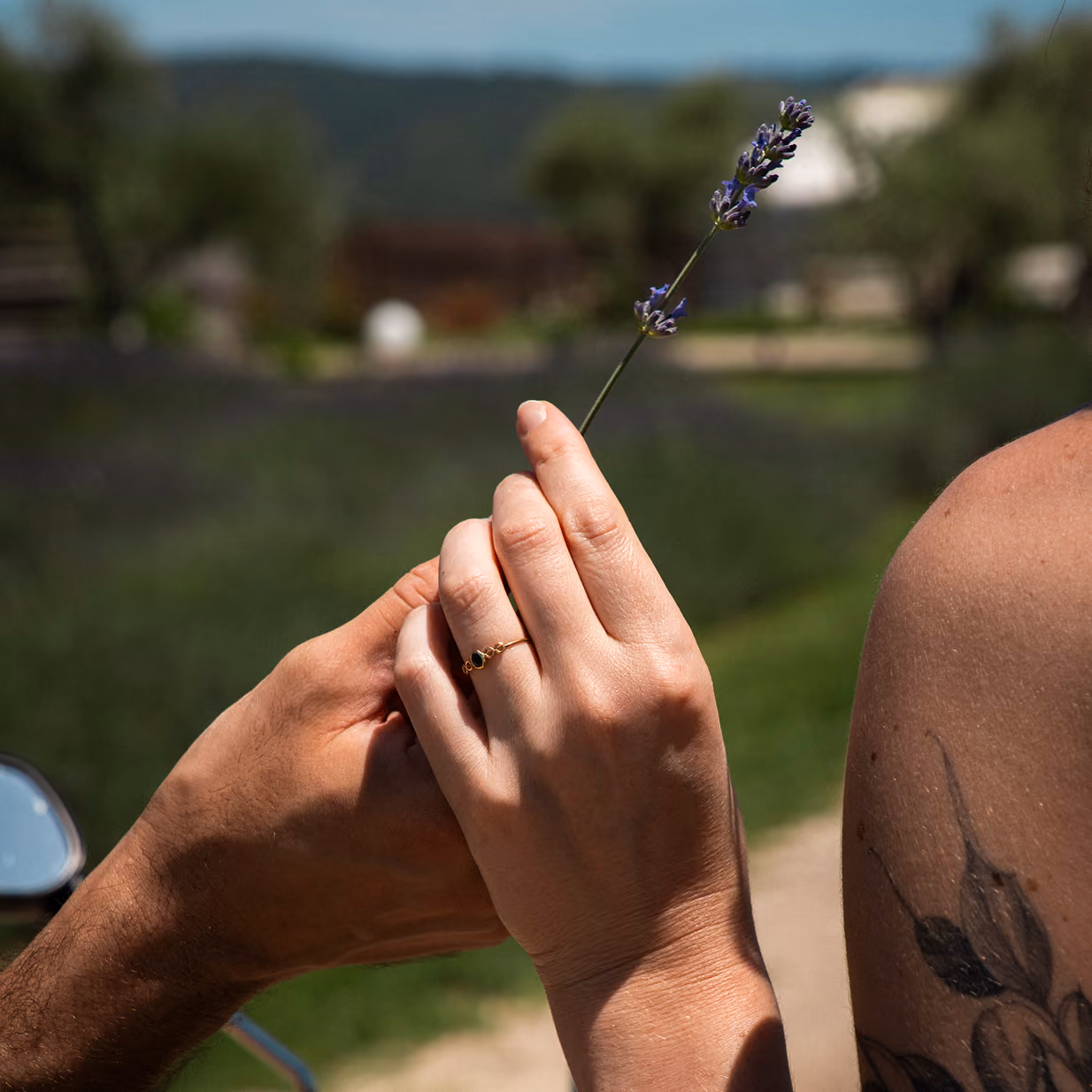 Un fiore viene donato da una mano a un'altra - Glamping per coppie Due cuori e una Yurta