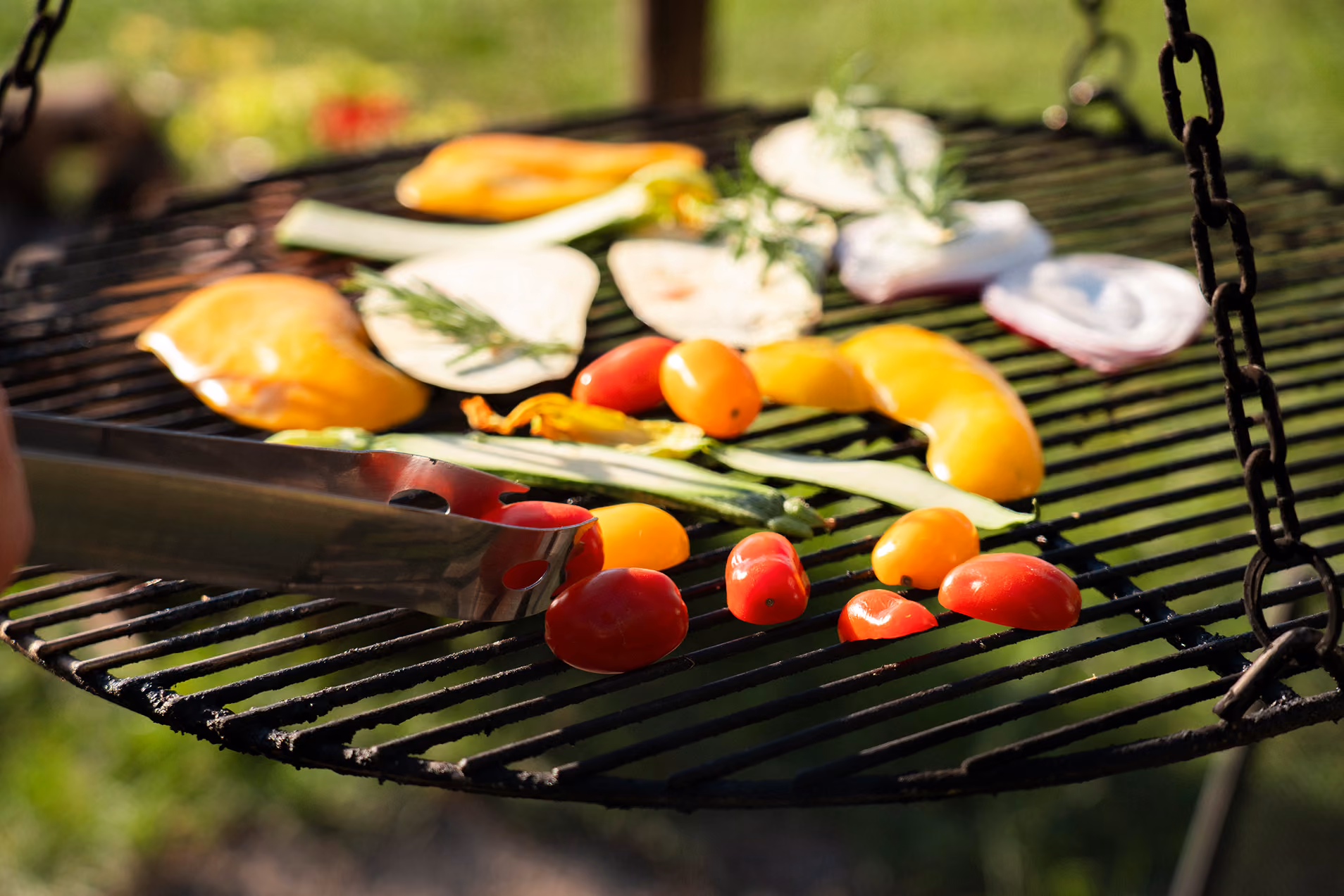 Foto di dettaglio di una ottima grigliata vegetale sul barbecue / BBQ / falò al Glamping per coppie Due cuori e una Yurta