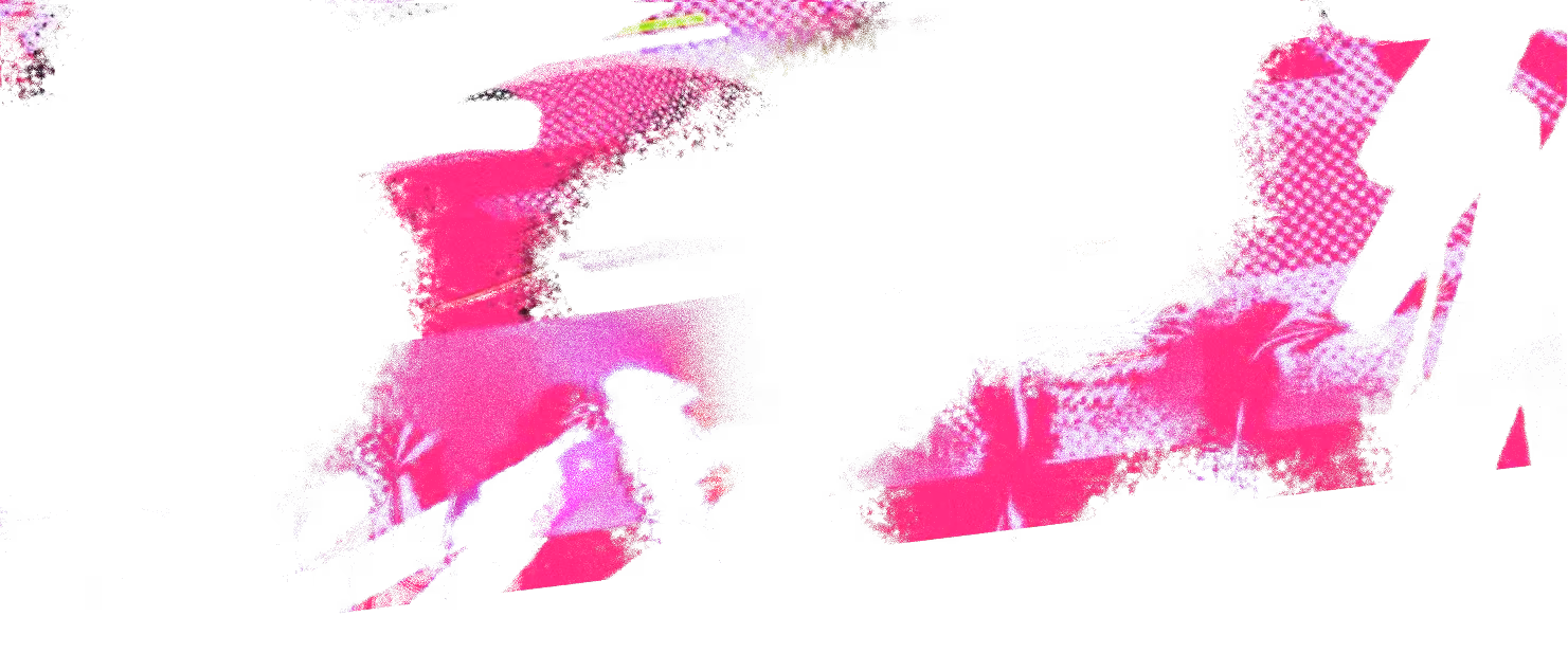 Abstract vibrant pink and purple artwork with black silhouettes and textured patterns.