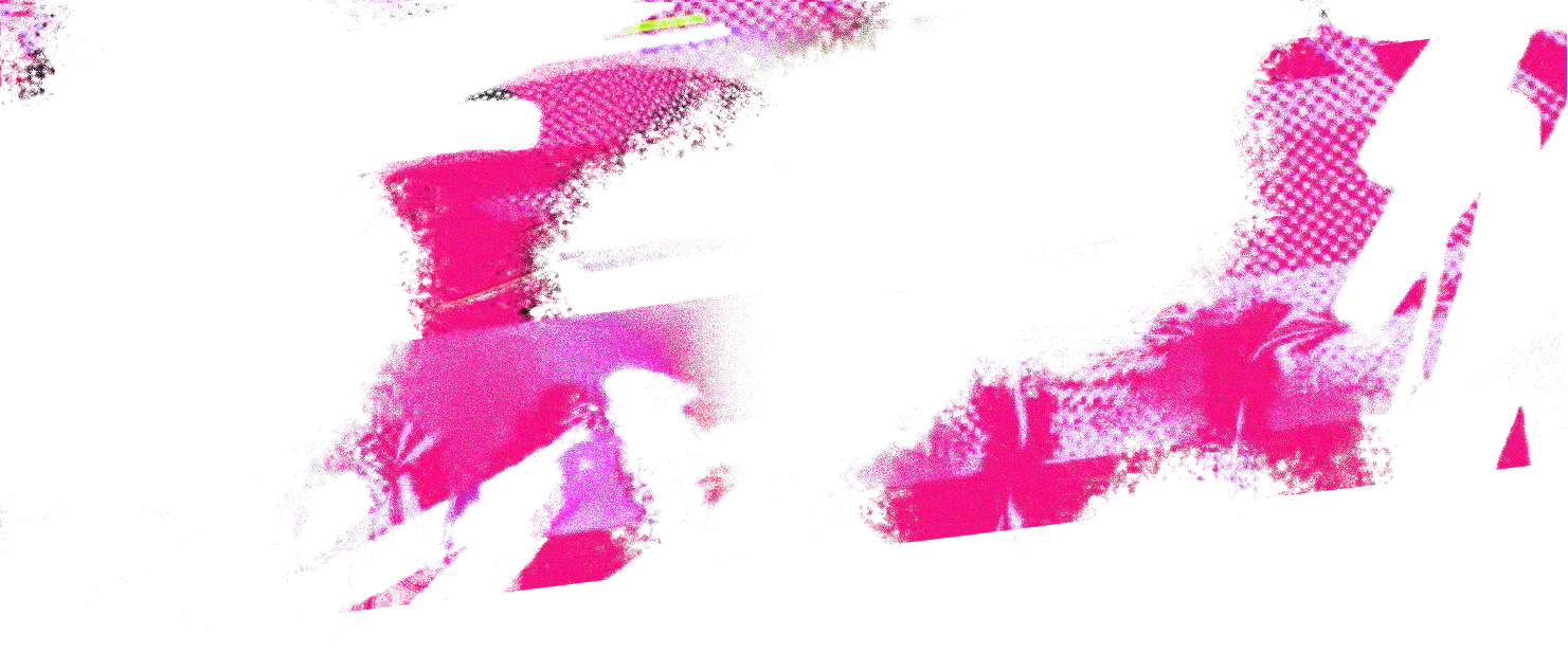 Abstract vibrant pink and purple artwork with black silhouettes and textured patterns.