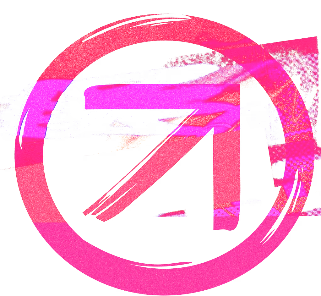 Abstract pink arrow pointing upper right inside a rough circular brushstroke on black background.