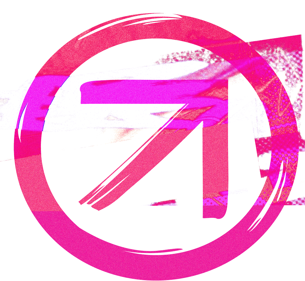 Abstract pink arrow pointing upper right inside a rough circular brushstroke on black background.