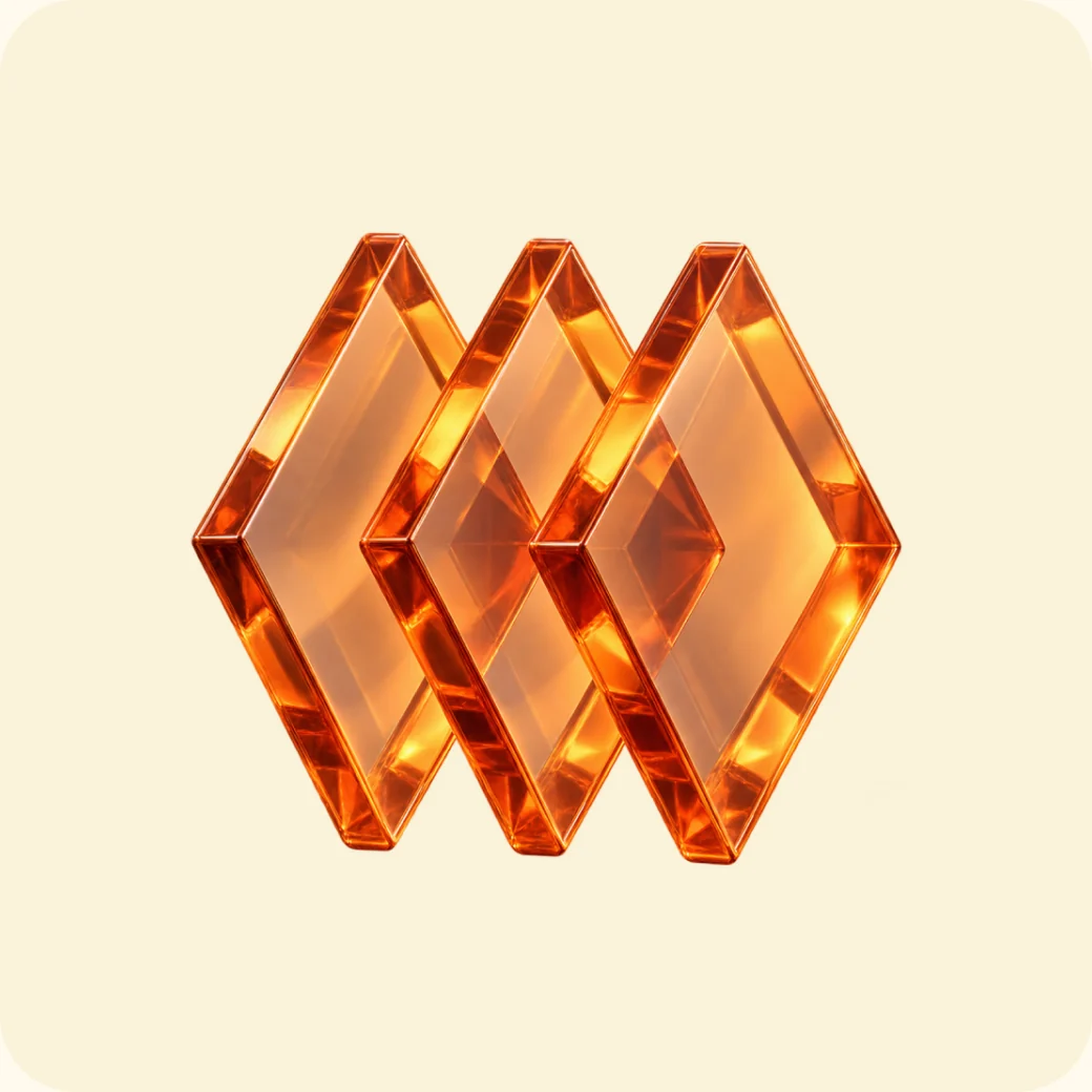 Three overlapping glass diamonds, scientific depth across the work