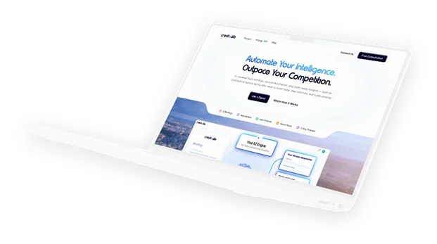 White laptop showing a webpage with the header 'Automate Your Intelligence. Outpace Your Competition.'