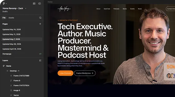Portrait of a smiling man beside text listing roles: Tech Executive, Author, Music Producer, Mastermind, Podcast Host.