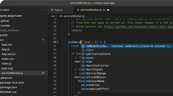 Code editor showing JavaScript file serviceWorker.js with window.addEventListener autocomplete options.