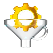 Blue and purple shiny gear icon with eight rounded teeth and a hollow center.