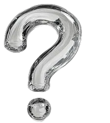 Transparent glass question mark symbol on a black background.