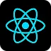 Blue atomic symbol with three elliptical orbits on a black background.