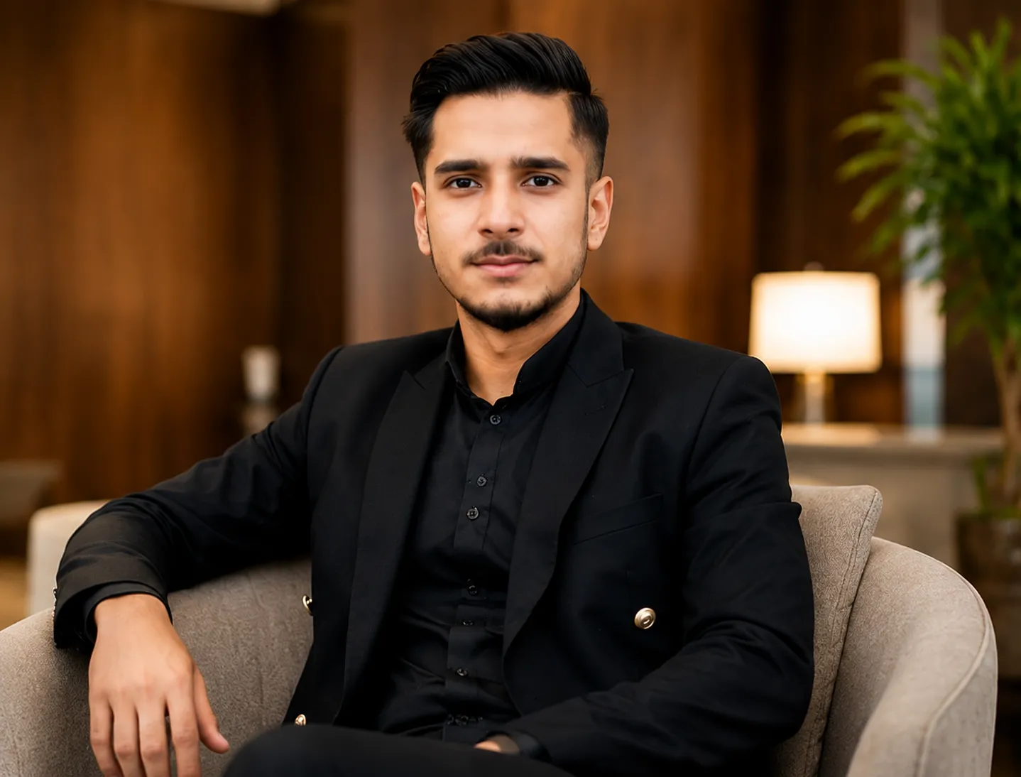 Young man in black suit sitting on a beige chair in a warmly lit room with wooden walls.