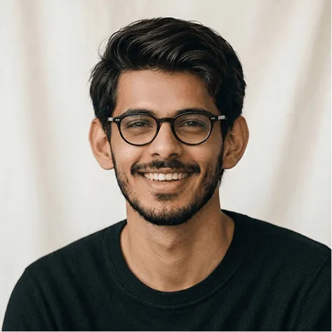 Smiling young man with black hair, glasses, and a beard wearing a black sweater.
