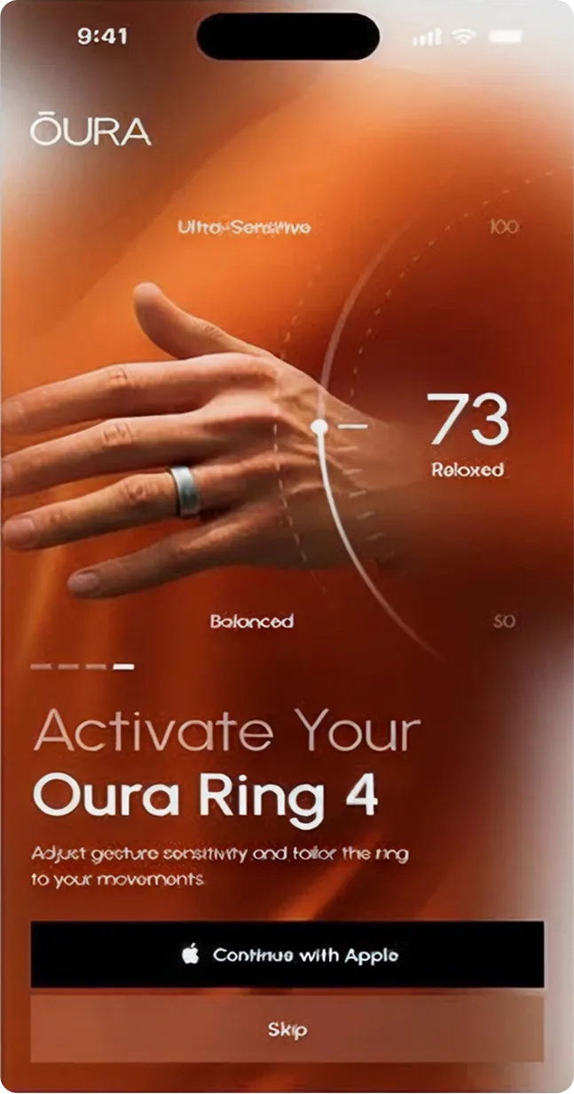 Hand wearing Oura Ring 4 with app screen showing readiness score 73 relaxed and activation prompt.